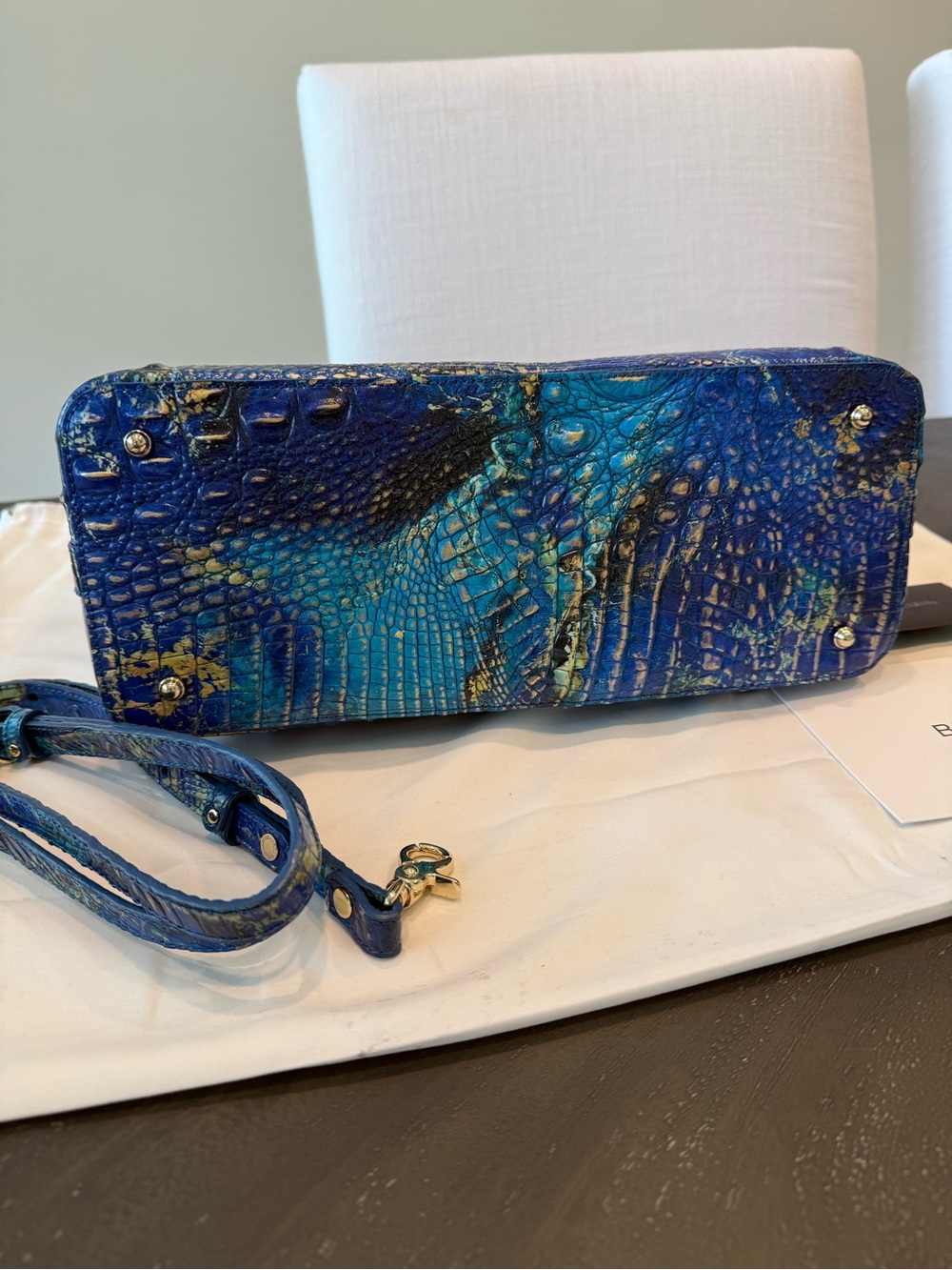 Large Duxbury Satchel - Phthalo Melbourne Blue Green Croc-Embossed Leather - Picture 9 of 12